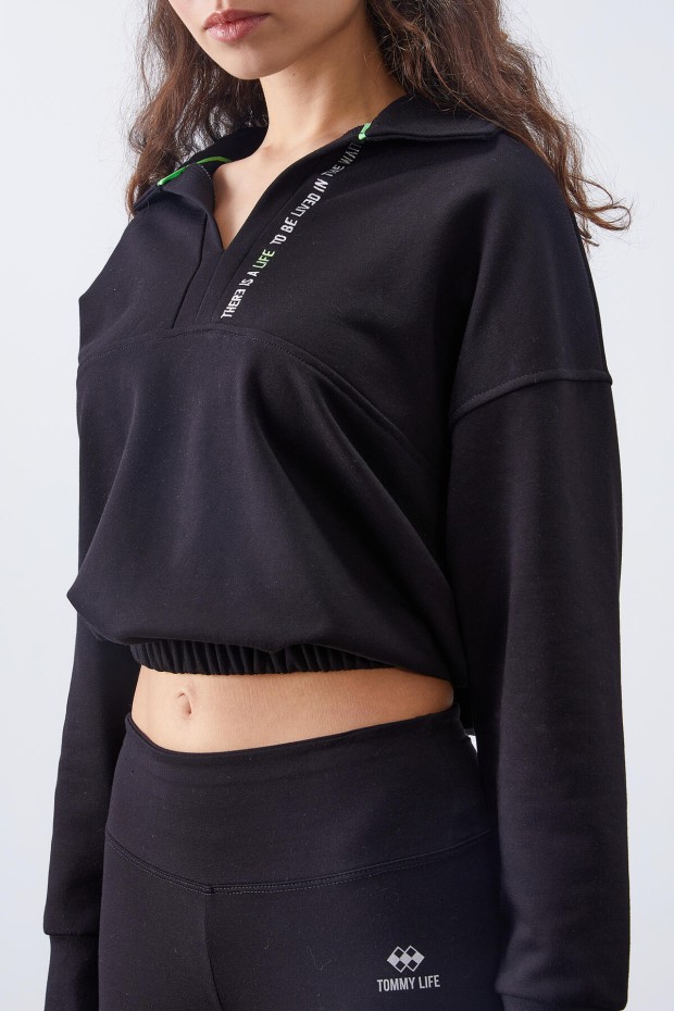 Siyah Polo Yaka Etek Ucu Büzgülü Kadın Oversize Sweatshirt - 97180