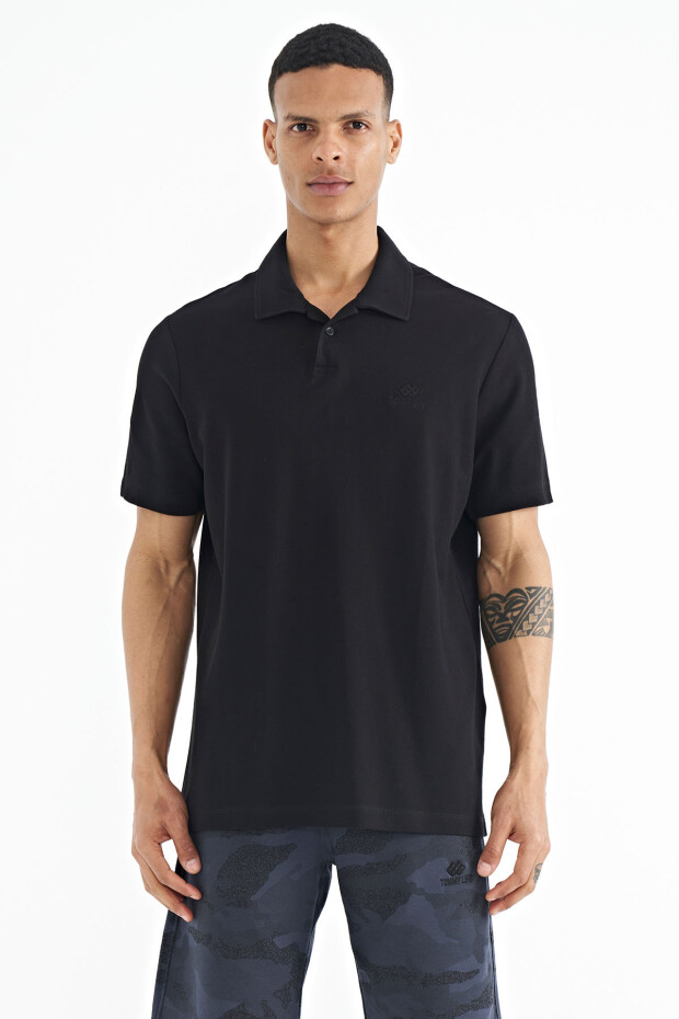 Siyah Polo Yaka Logo Nakışlı Standart Form Erkek T-shirt - 88237