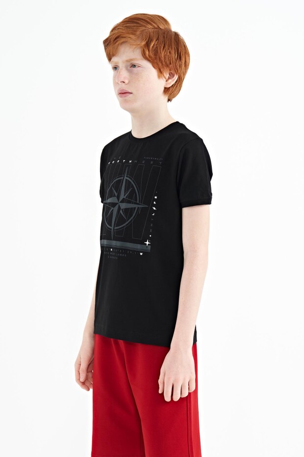 Siyah Pusula Baskılı Standart Kalıp O Yaka Erkek Çocuk T-Shirt - 11106