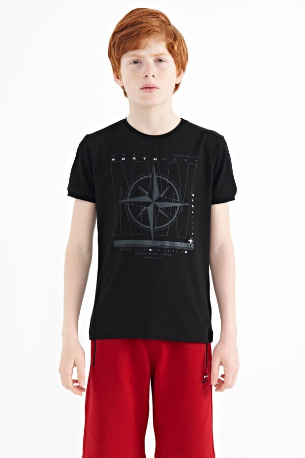 Siyah Pusula Baskılı Standart Kalıp O Yaka Erkek Çocuk T-Shirt - 11106
