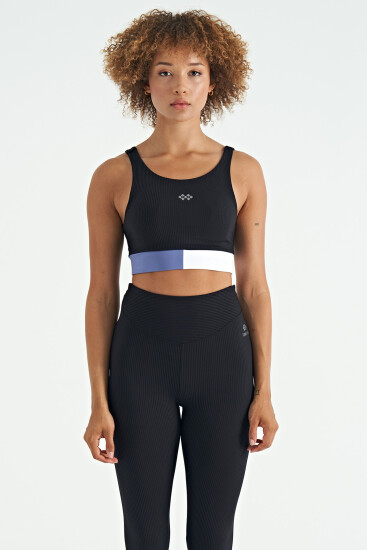 Siyah Renk Bloklu Logo Baskılı Dar Kalıp Fitilli Kadın Büstiyer - 97275 - TOMMYLIFE