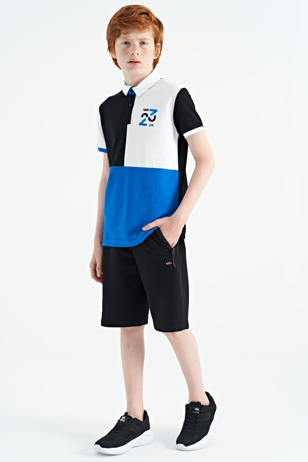 Siyah Renk Bloklu Nakış Detaylı Standart Kalıp Polo Yaka Erkek Çocuk T-Shirt - 11108