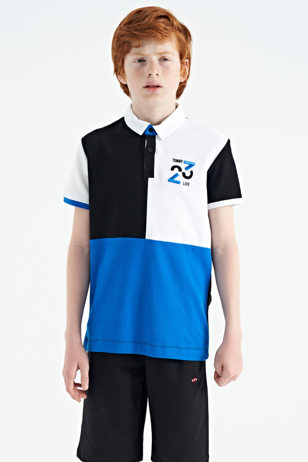Siyah Renk Bloklu Nakış Detaylı Standart Kalıp Polo Yaka Erkek Çocuk T-Shirt - 11108