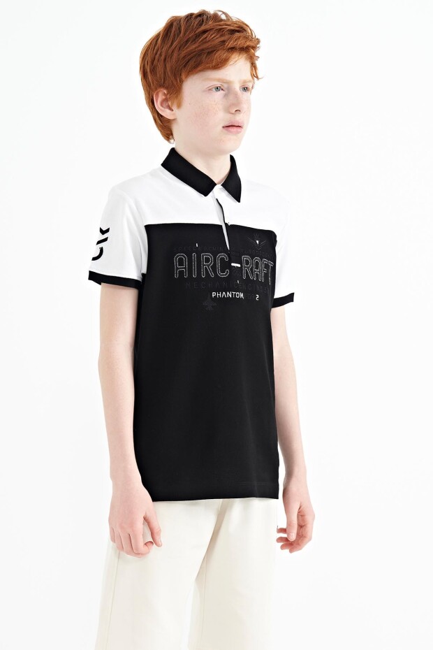 Siyah Renk Bloklu Yazı Nakışlı Standart Kalıp Polo Yaka Erkek Çocuk T-Shirt - 11087