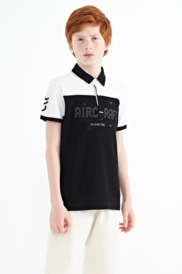 Siyah Renk Bloklu Yazı Nakışlı Standart Kalıp Polo Yaka Erkek Çocuk T-Shirt - 11087