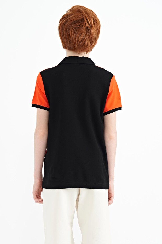 Siyah Renk Bloklu Yazı Nakışlı Standart Kalıp Polo Yaka Erkek Çocuk T-Shirt - 11095