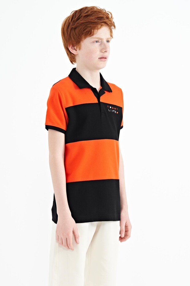Siyah Renk Bloklu Yazı Nakışlı Standart Kalıp Polo Yaka Erkek Çocuk T-Shirt - 11095