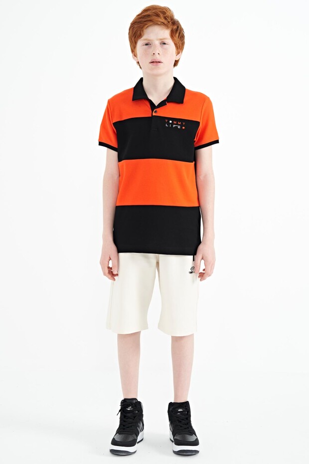 Siyah Renk Bloklu Yazı Nakışlı Standart Kalıp Polo Yaka Erkek Çocuk T-Shirt - 11095