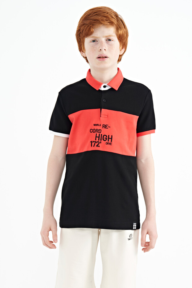 Siyah Renk Geçişli Nakış Detaylı Standart Kalıp Polo Yaka Erkek Çocuk T-Shirt - 11110