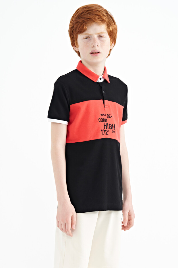 Siyah Renk Geçişli Nakış Detaylı Standart Kalıp Polo Yaka Erkek Çocuk T-Shirt - 11110
