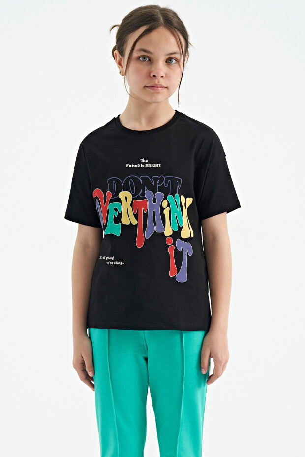 Siyah Renki Yazı Baskılı O Yaka Oversize Kısa Kollu Kız Çocuk T-Shirt - 75112