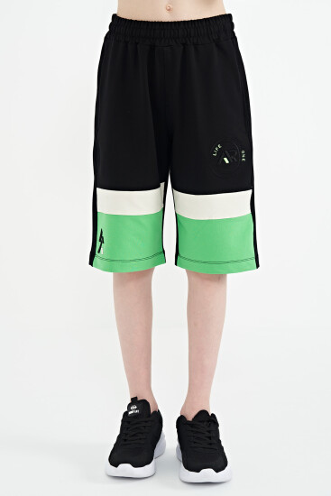 Siyah Renkli Baskılı Bağcıklı Nakış Detaylı Standart Kalıp Erkek Çocuk Şort - 11129 - TOMMYLIFE (1)