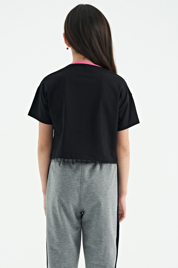 Siyah Renkli Yazı Baskılı O Yaka Oversize Kısa Kollu Kız Çocuk T-Shirt - 75111
