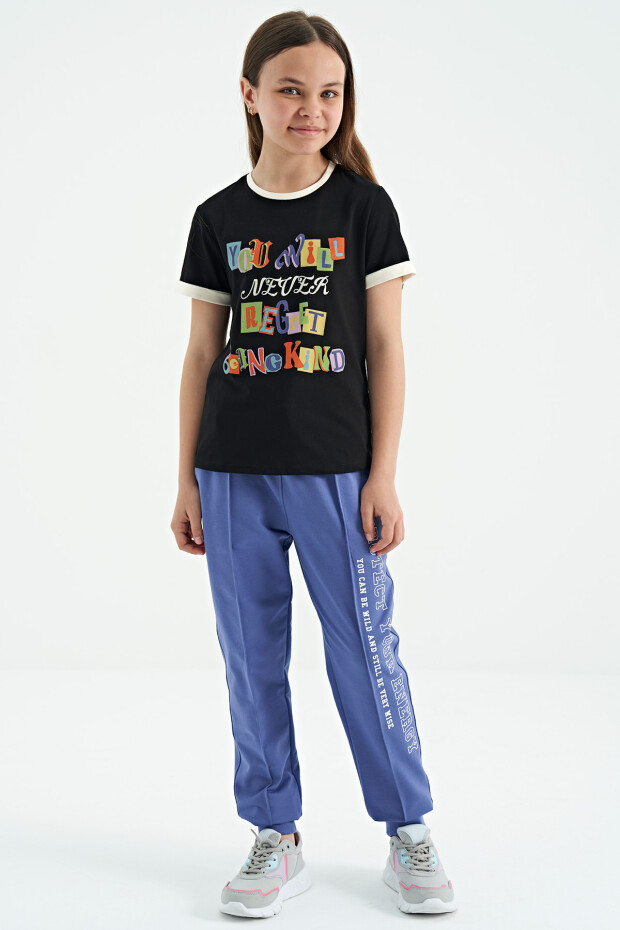 Siyah Renkli Yazı Detaylı O Yaka Rahat Form Kız Çocuk T-Shirt - 75109