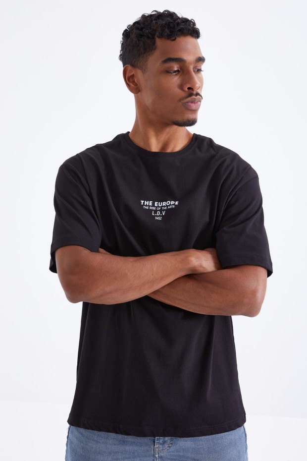 Siyah Sırt Baskılı O Yaka Erkek Oversize T-shirt - 88091