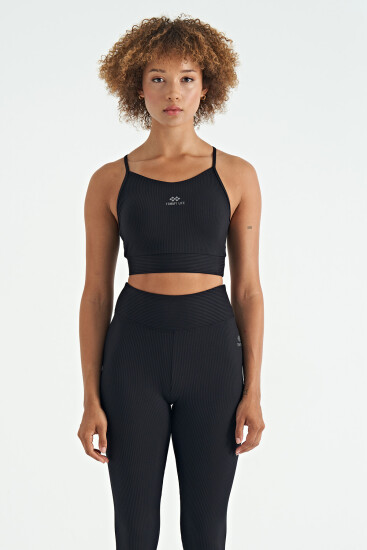 Siyah Sırt Çapraz Detaylı Logo Baskılı Dar Kalıp Fitilli Kadın Büstiyer - 97274 - TOMMYLIFE