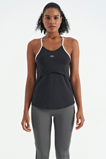 Siyah Sırt Çarpraz Askı Detaylı Standart Kalıp Kadın Spor Atlet - 97261 - TOMMYLIFE (1)