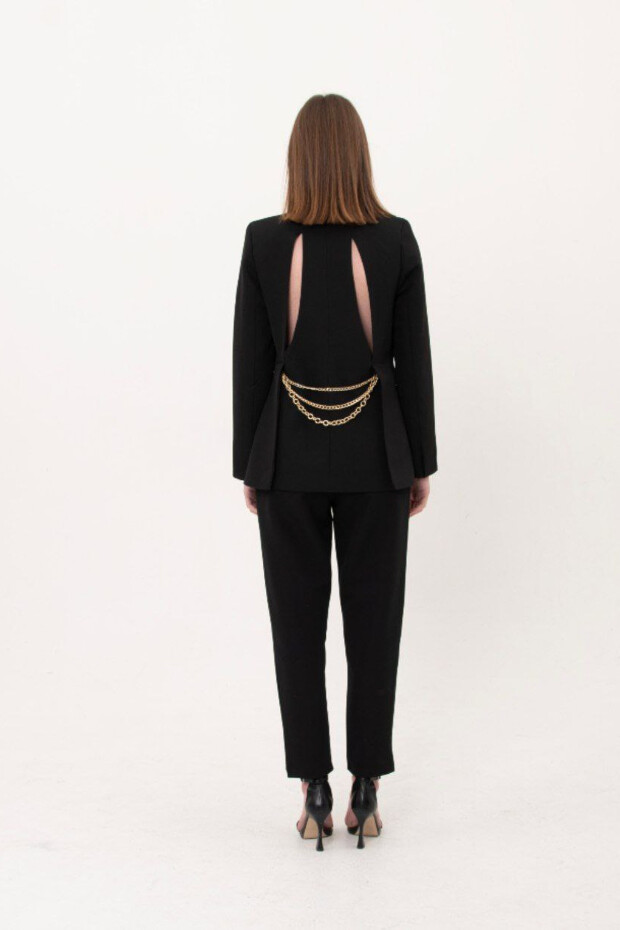 Siyah Sırt Zincir Detaylı Kadın Ceket - 02055