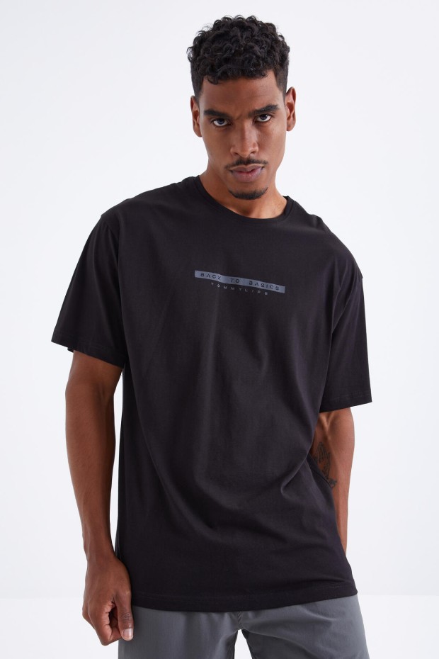 Siyah Sırtı Yazı Baskılı O Yaka Erkek Oversize T-Shirt - 88100