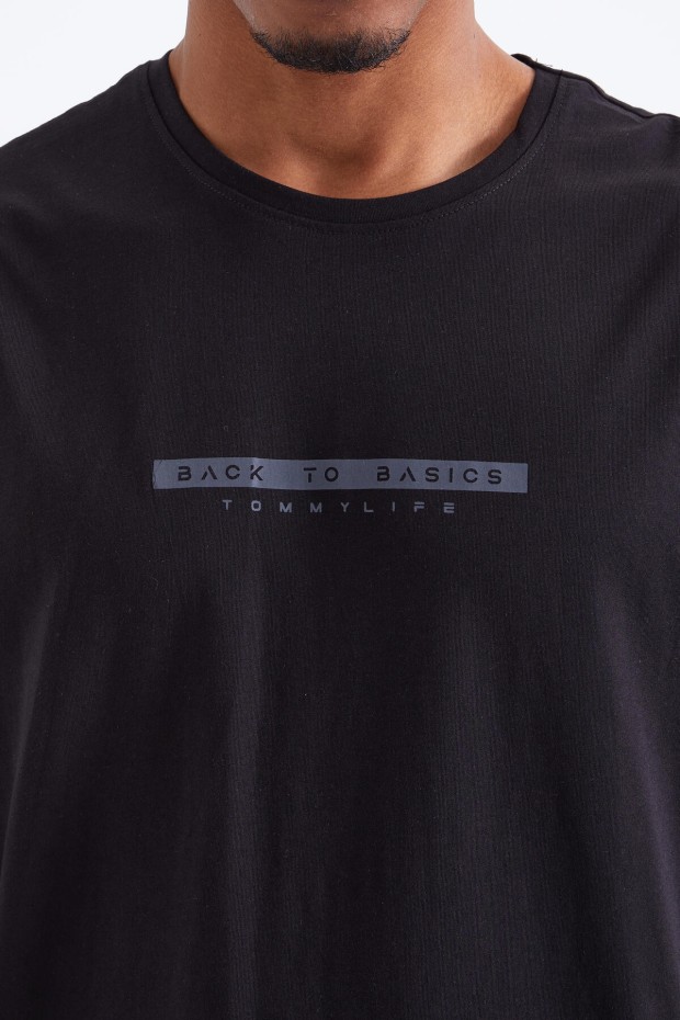 Siyah Sırtı Yazı Baskılı O Yaka Erkek Oversize T-Shirt - 88100