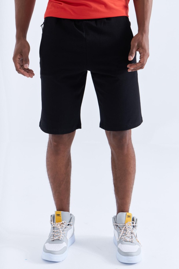 Siyah Tek Fermuar Cep Detaylı Bağcıklı Standart Kalıp Erkek Şort - 81202 - 1