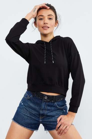 Siyah Uzun Kol Rahat Form Kapüşonlu Kadın Sweatshirt - 97115 