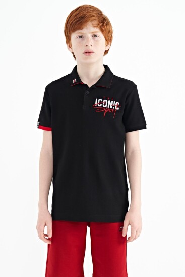 Siyah Yaka Gögüs Nakış Detaylı Standart Kalıp Polo Yaka Erkek Çocuk T-Shirt - 11139 