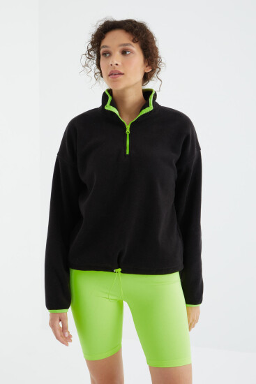 Siyah Yarım Fermuar Etek Ucu Büzgülü Dik Yaka Oversize Kadın Polar Sweatshirt - 97234 