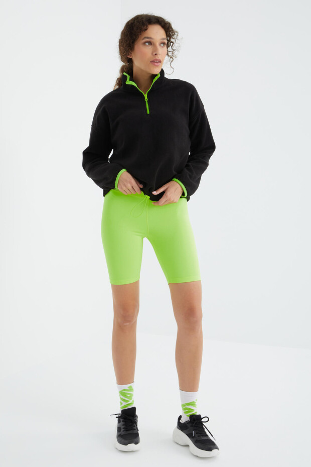 Siyah Yarım Fermuar Etek Ucu Büzgülü Dik Yaka Oversize Kadın Polar Sweatshirt - 97234 - 2