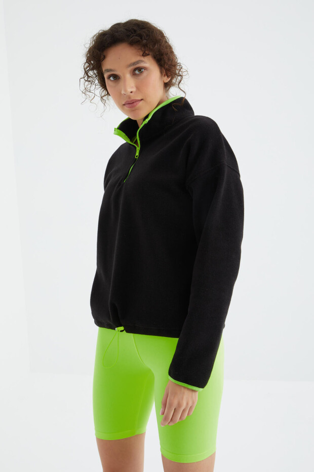 Siyah Yarım Fermuar Etek Ucu Büzgülü Dik Yaka Oversize Kadın Polar Sweatshirt - 97234 - 5