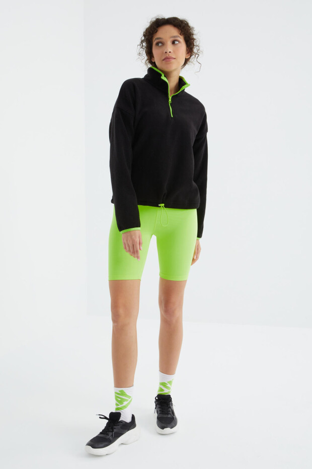 Siyah Yarım Fermuar Etek Ucu Büzgülü Dik Yaka Oversize Kadın Polar Sweatshirt - 97234 - 6