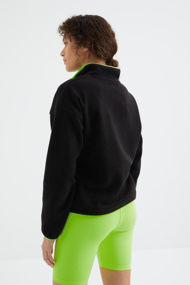 Siyah Yarım Fermuar Etek Ucu Büzgülü Dik Yaka Oversize Kadın Polar Sweatshirt - 97234 - 8