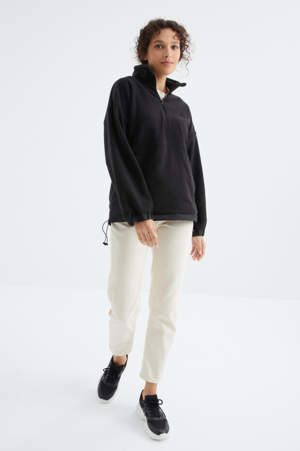 Siyah Yarım Fermuar Etek Ucu Büzgülü Dik Yaka Oversize Kadın Polar Sweatshirt - 97236