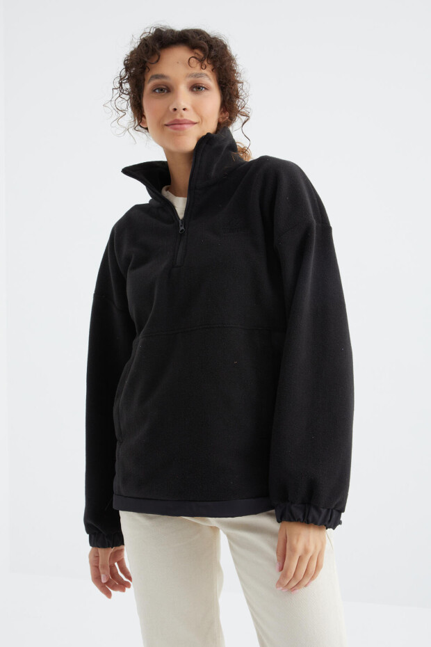 Siyah Yarım Fermuar Etek Ucu Büzgülü Dik Yaka Oversize Kadın Polar Sweatshirt - 97236 - 3