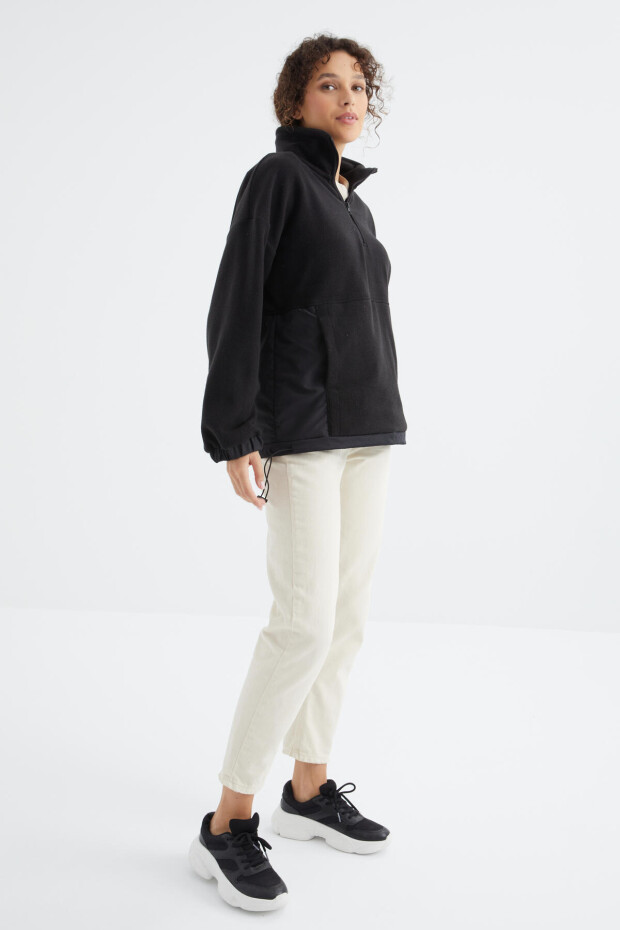 Siyah Yarım Fermuar Etek Ucu Büzgülü Dik Yaka Oversize Kadın Polar Sweatshirt - 97236 - 6