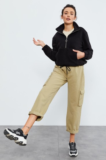 Siyah Yarım Fermuar Etek Ucu Büzgülü Kadın Polar Oversize Sweatshirt - 97171 - TOMMYLIFE (1)