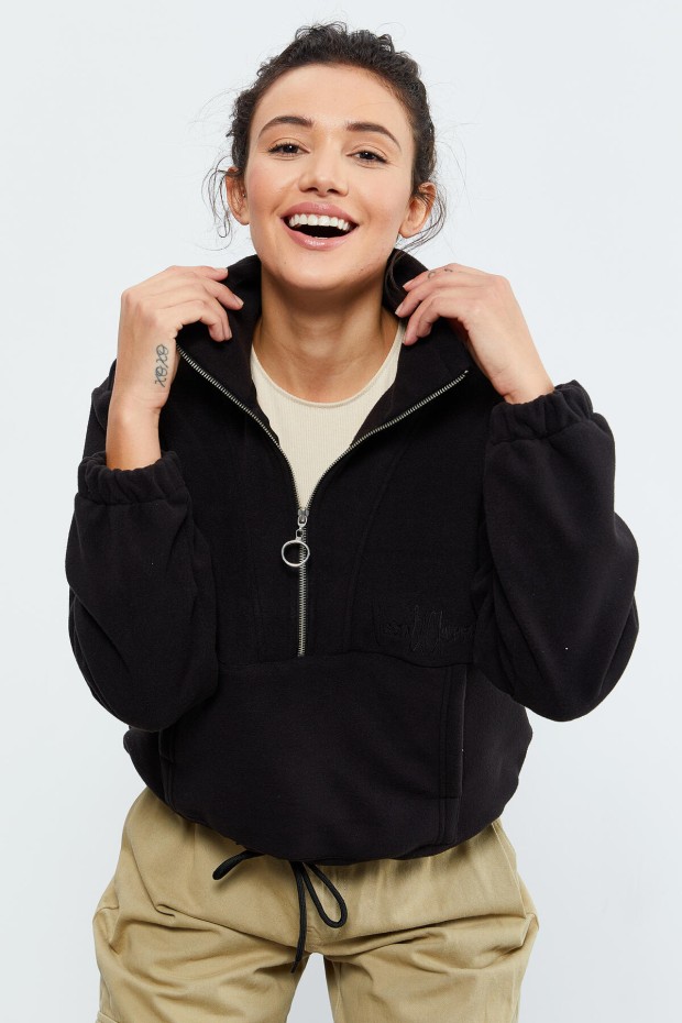 Siyah Yarım Fermuar Etek Ucu Büzgülü Kadın Polar Oversize Sweatshirt - 97171 - 3