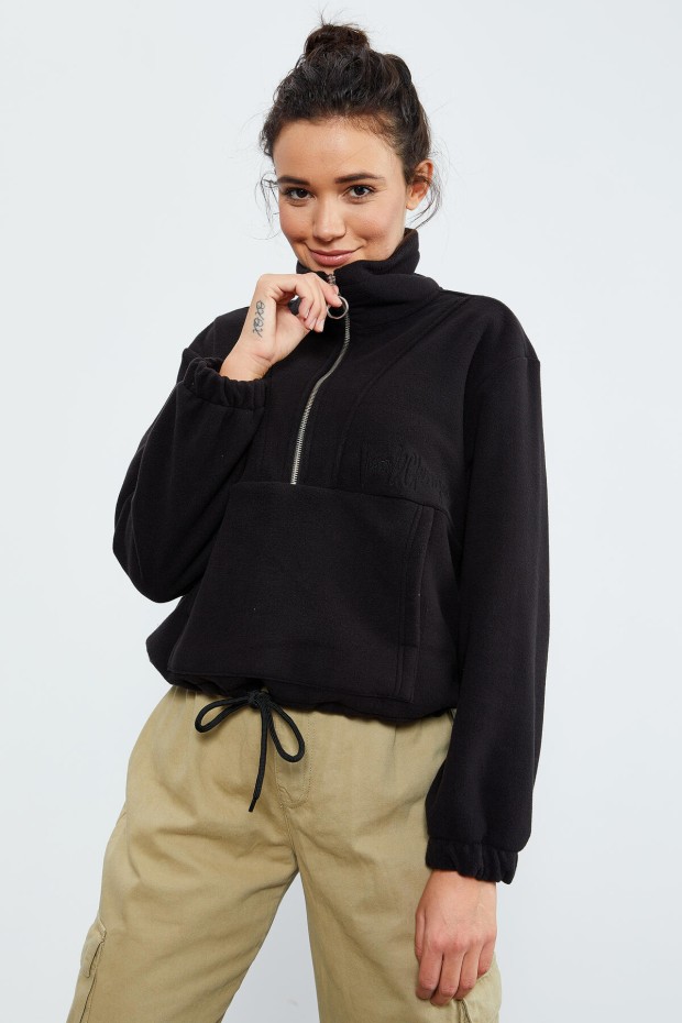 Siyah Yarım Fermuar Etek Ucu Büzgülü Kadın Polar Oversize Sweatshirt - 97171 - 5