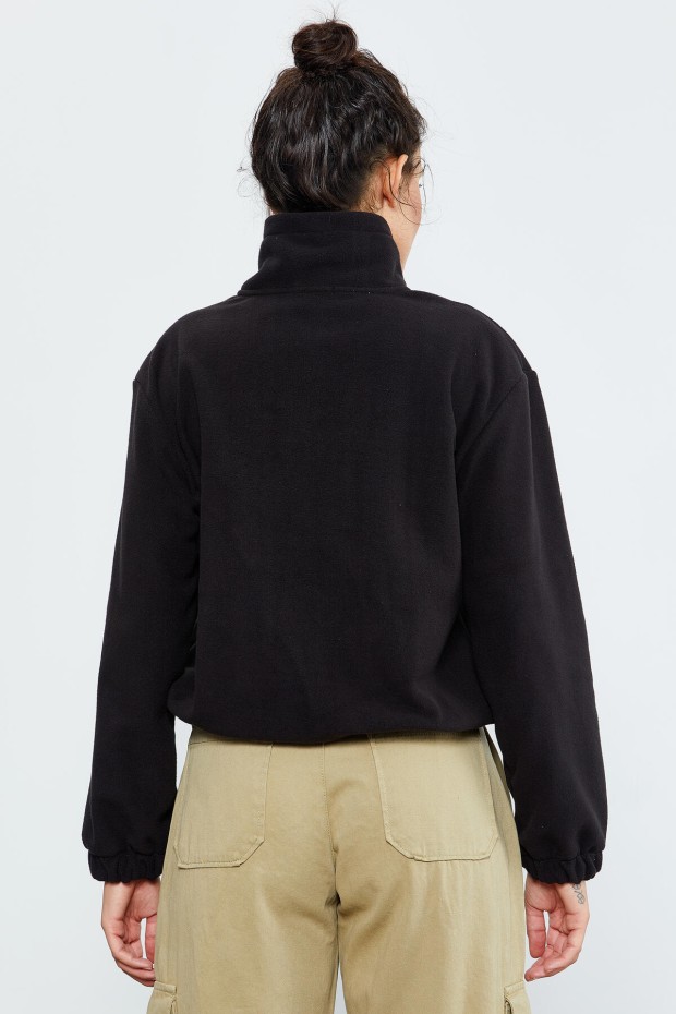 Siyah Yarım Fermuar Etek Ucu Büzgülü Kadın Polar Oversize Sweatshirt - 97171 - 7