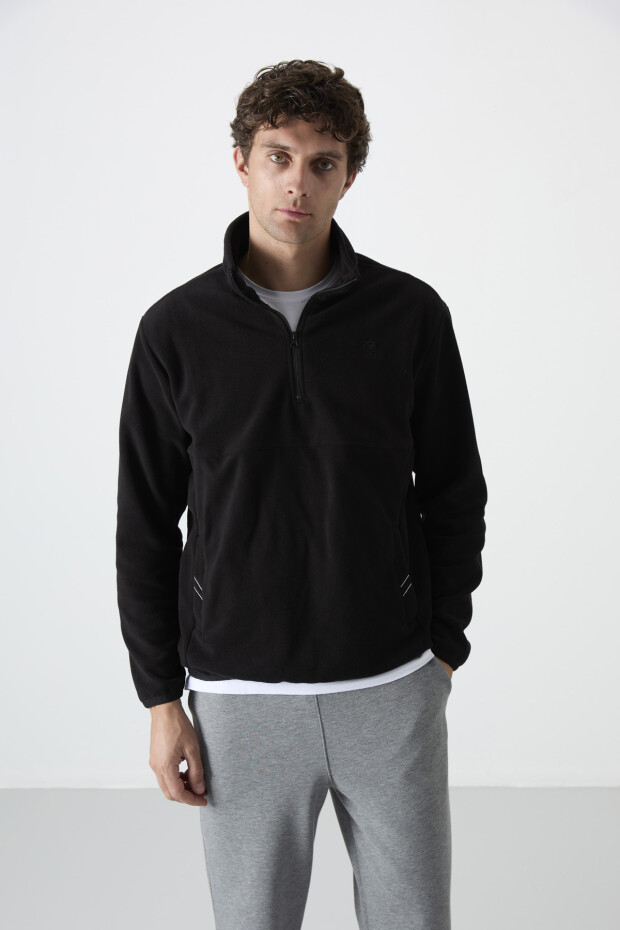 Siyah Yarım Fermuarlı Sweatshirt Slim Fit Dik Yaka Erkek Polar - 87891