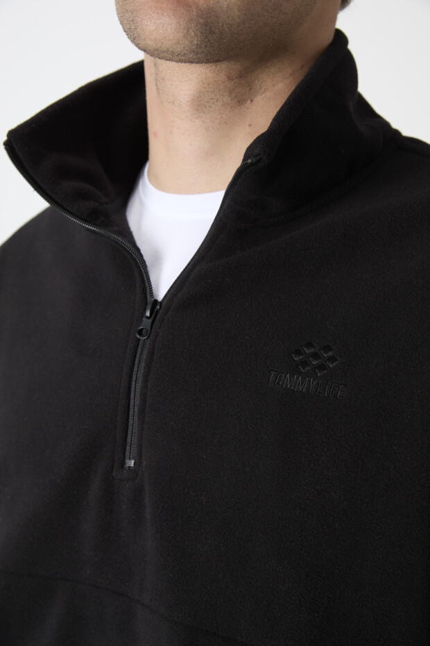 Siyah Yarım Fermuarlı Sweatshirt Slim Fit Dik Yaka Erkek Polar - 87891 - 3