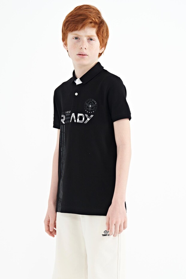 Siyah Yazı Baskı Desenli Standart Kalıp Polo Yaka Erkek Çocuk T-Shirt - 11143