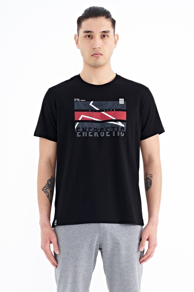 Siyah Yazı Baskılı O Yaka Standart Kalıp Erkek T-shirt - 88201