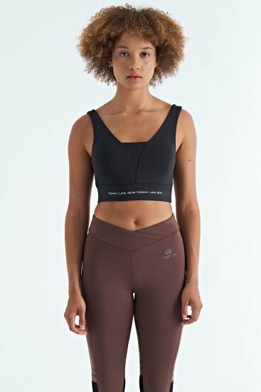 Siyah Yazı Baskılı Renk Bloklu Dar Kalıp Dalgıç Kumaş Kadın Büstiyer - 97271 - TOMMYLIFE