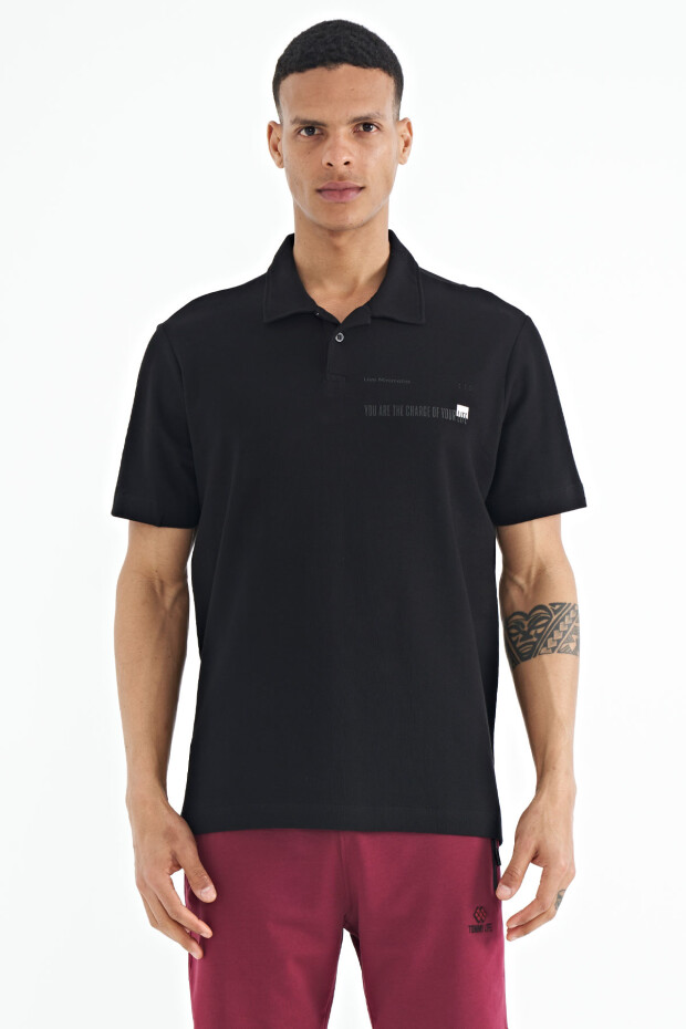 Siyah Yazı Baskılı Standart Form Polo Yaka Erkek T-shirt - 88236 - 1