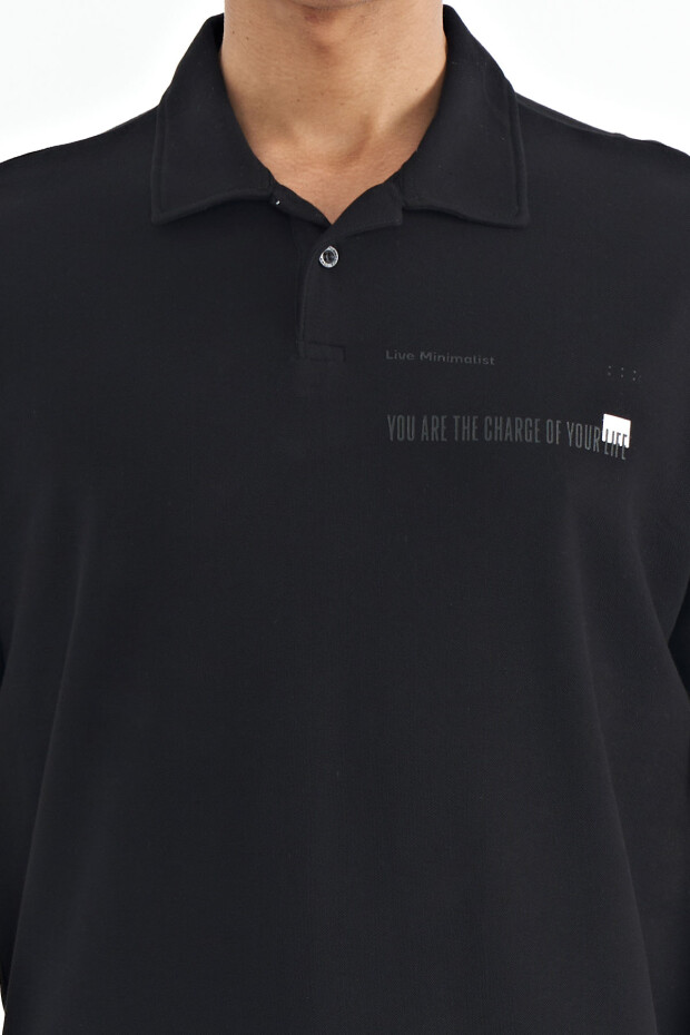 Siyah Yazı Baskılı Standart Form Polo Yaka Erkek T-shirt - 88236 - 3