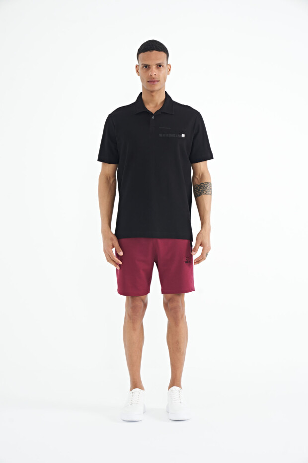 Siyah Yazı Baskılı Standart Form Polo Yaka Erkek T-shirt - 88236 - 2