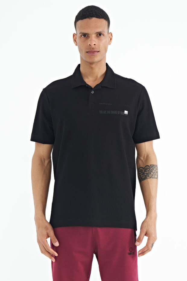 Siyah Yazı Baskılı Standart Form Polo Yaka Erkek T-shirt - 88236