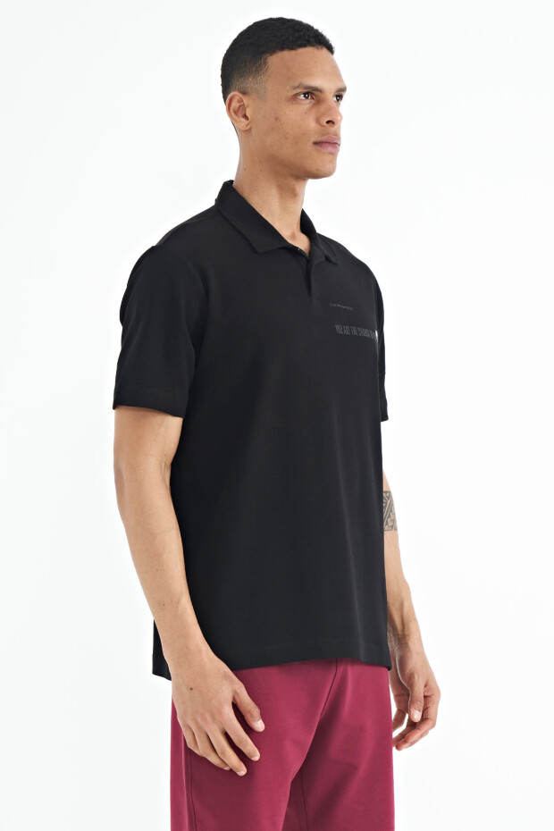Siyah Yazı Baskılı Standart Form Polo Yaka Erkek T-shirt - 88236