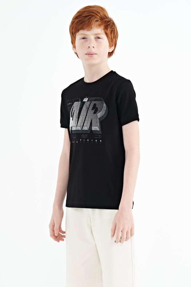 Siyah Yazı Baskılı Standart Kalıp O Yaka Erkek Çocuk T-Shirt - 11098